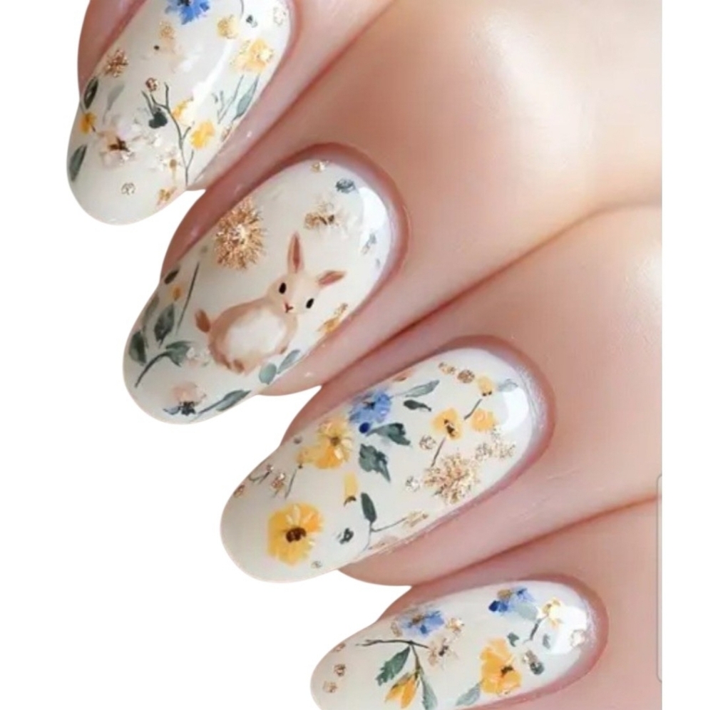 Pres On Nails Spring Bunny Rabbit and Floral Design , 24pcs Short Round NWT